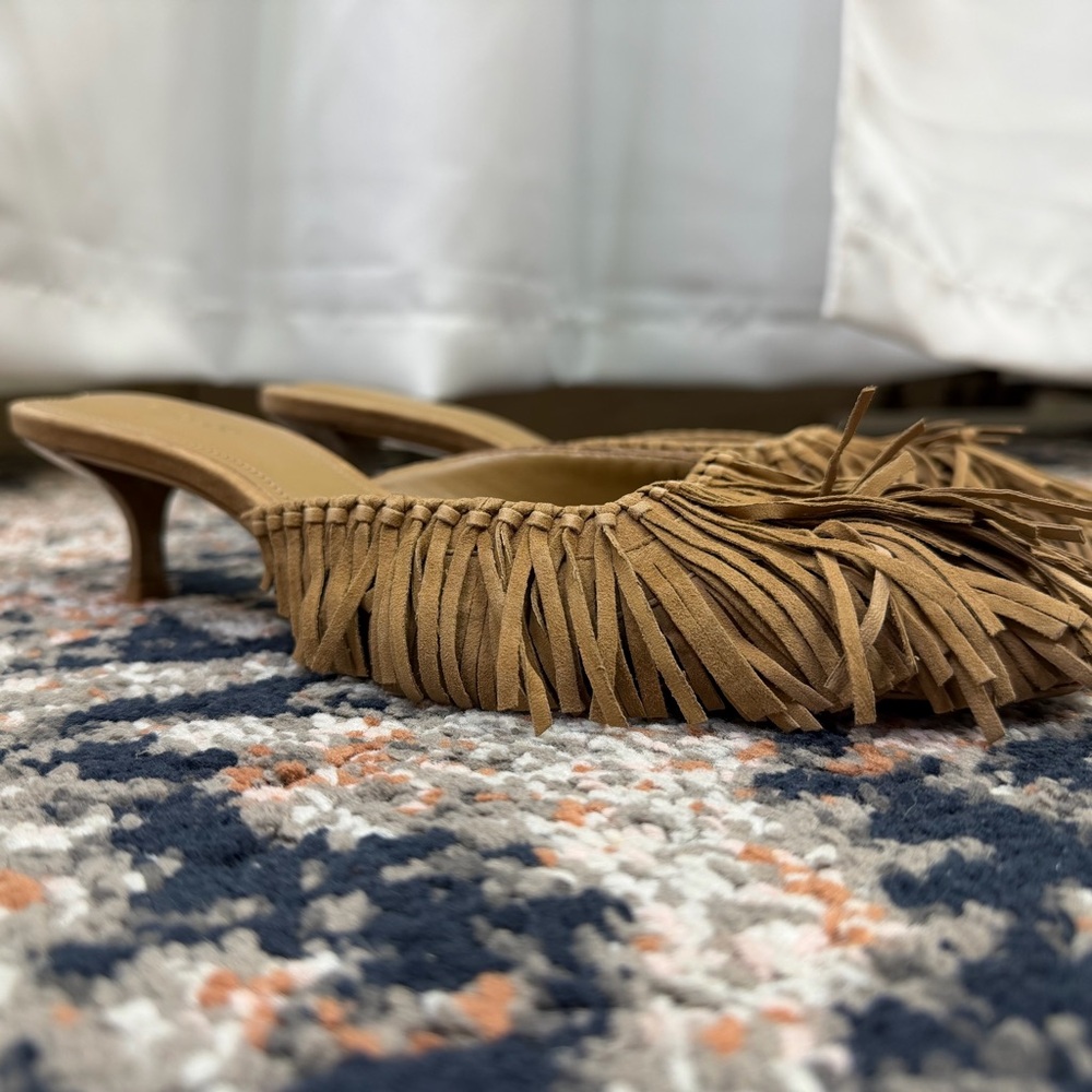 Larroude Tan Suede Fringed Kitten Heel Mule - Picture 13 of 16